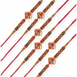 RK21TH1R28PK6 -AccessHer Elegant Rakhi Set with Acrylic Golden Pooja Thali, Roli Kumkum for Brother Pack Of 6