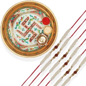 RK21TH1R29PK6 -AccessHer Elegant Rakhi Set with Acrylic Golden Pooja Thali, Roli Kumkum for Brother Pack Of 6