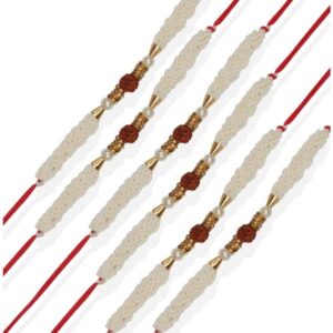 RK21TH1R29PK6 -AccessHer Elegant Rakhi Set with Acrylic Golden Pooja Thali, Roli Kumkum for Brother Pack Of 6