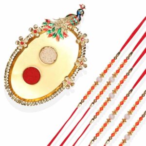 RK21TH2R10PK6 -AccessHer Elegant Rakhi Set with Acrylic Golden Pooja Thali, Roli Kumkum for Brother Pack Of 6