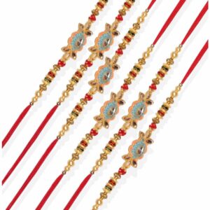 RK21TH2R12PK6 -AccessHer Elegant Rakhi Set with Acrylic Golden Pooja Thali, Roli Kumkum for Brother Pack Of 6