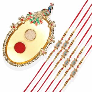 RK21TH2R12PK6 -AccessHer Elegant Rakhi Set with Acrylic Golden Pooja Thali, Roli Kumkum for Brother Pack Of 6