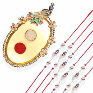 RK21TH2R14PK6 -AccessHer Elegant Rakhi Set with Acrylic Golden Pooja Thali, Roli Kumkum for Brother Pack Of 6