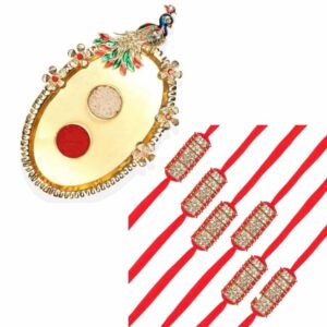 ELEGENT RAKHI SET WITH ACRYLIC GOLD POOJA THALI ROLI KUMKUM FOR BROTHER