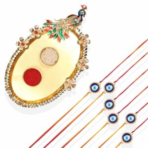 RK21TH2R20PK6 -AccessHer Elegant Rakhi Set with Acrylic Golden Pooja Thali, Roli Kumkum for Brother Pack Of 6