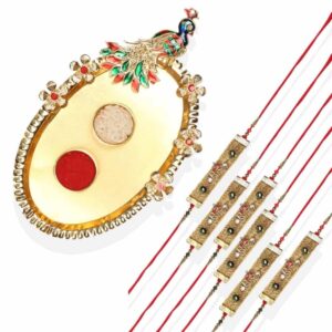 RK21TH2R22PK6 -AccessHer Elegant Rakhi Set with Acrylic Golden Pooja Thali, Roli Kumkum for Brother Pack Of 6