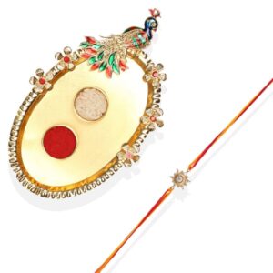 RK21TH2R24 -AccessHer Elegant Rakhi Set with Acrylic Golden Pooja Thali, Roli Kumkum for Brother