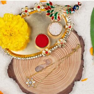 RK21TH2R24 -AccessHer Elegant Rakhi Set with Acrylic Golden Pooja Thali, Roli Kumkum for Brother