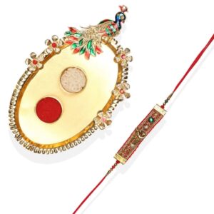 RK21TH2R25 -AccessHer Elegant Rakhi Set with Acrylic Golden Pooja Thali, Roli Kumkum for Brother