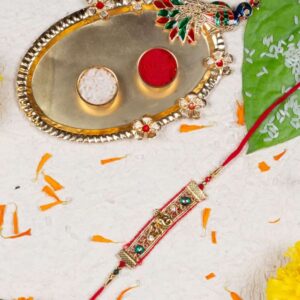 RK21TH2R25 -AccessHer Elegant Rakhi Set with Acrylic Golden Pooja Thali, Roli Kumkum for Brother