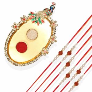 Brother Pack of 6 with Peacock Pooja Thali, Roli Kumkum Packets & Happy Rakshabandhan Card