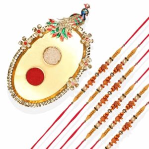 RK21TH2R27PK6 -AccessHer Elegant Rakhi Set with Acrylic Golden Pooja Thali, Roli Kumkum for Brother Pack Of 6