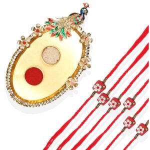 RK21TH2R2PK6 -AccessHer Elegant Rakhi Set with Acrylic Golden Pooja Thali, Roli Kumkum for Brother Pack Of 6