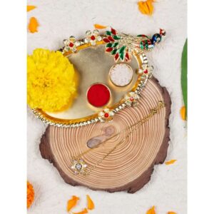 RK21TH2R31 -AccessHer Elegant Rakhi Set with Acrylic Golden Pooja Thali, Roli Kumkum for Brother