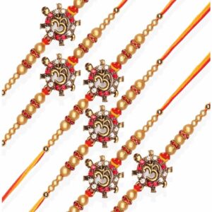 RK21TH2R3PK6 -AccessHer Elegant Rakhi Set with Acrylic Golden Pooja Thali, Roli Kumkum for Brother Pack Of 6