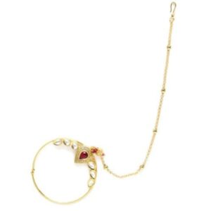 Ruby and Kundan Embellished Nose Ring with Chain for Women