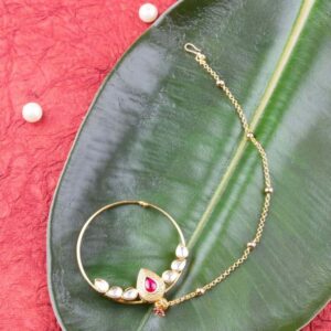 Ruby and Kundan Embellished Nose Ring with Chain for Women