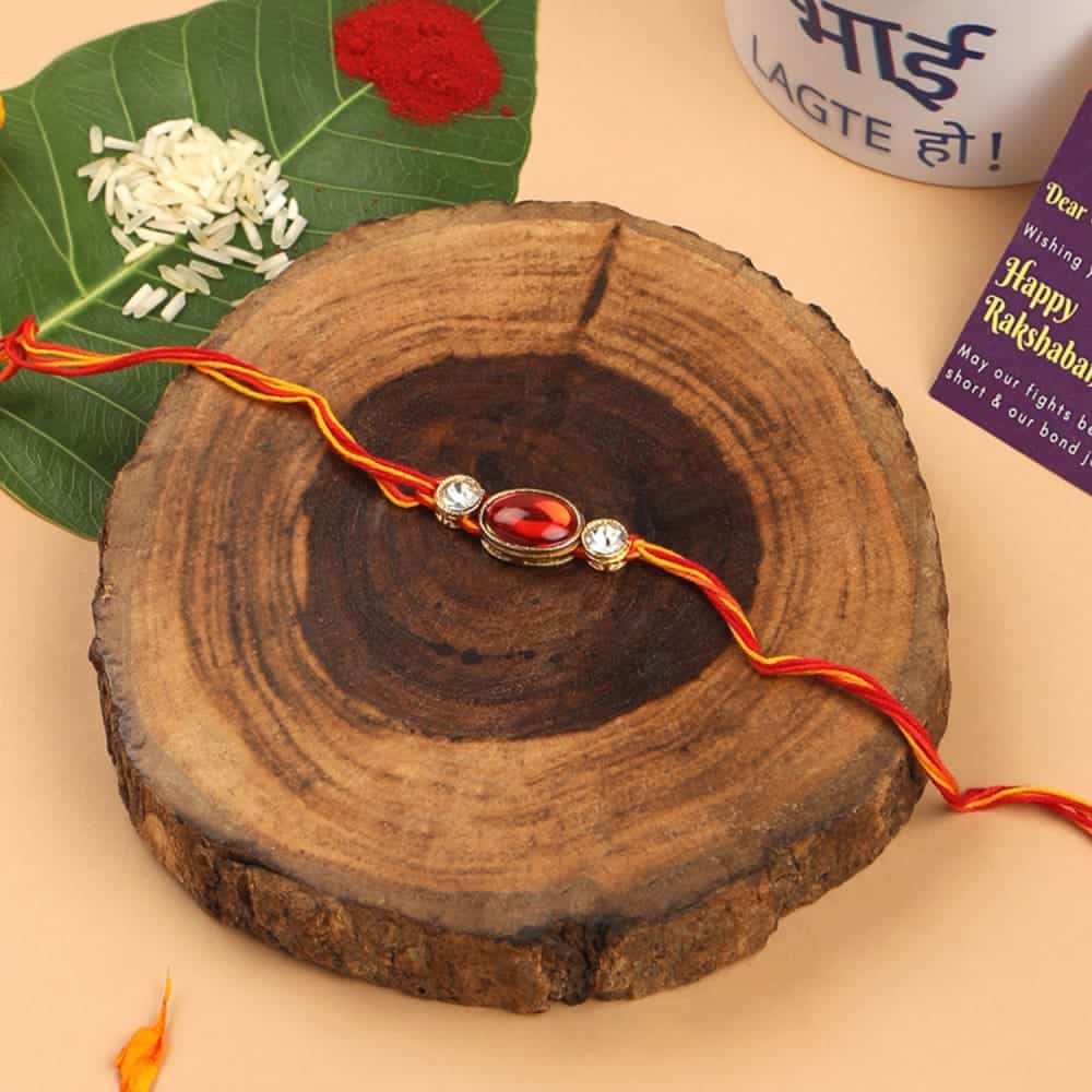 Ruby & Rhinestones Embellished Rakhi with Greeting Card for