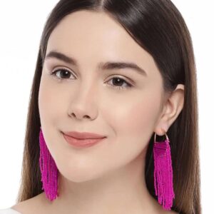 Gold Plated Silk Threaded Tiny Beads Embellished Pink Tasalled Hoop Earrings for Women and Girls