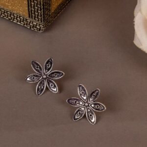 Silver Plated Oxidized Floral Stud Earrings for Women