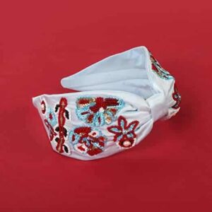 Statement Blue & Red Hair Band with Embroidered Flowers for Women