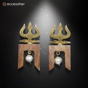 Temple Inspired Wooden and Gold Tone Trishul Dangle Earring