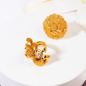 Traditional Gold Finish Peacock & Floral Carved Finger Rings Combo Set of 2 for Women