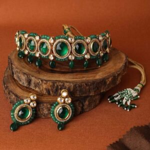 Traditional Gold Toned Vilandi Kundan Emerald Beads Choker Set for Women