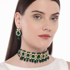 Traditional Gold Toned Vilandi Kundan Emerald Beads Choker Set for Women