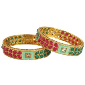 Traditional Handcrafted Ruby Emerald Kada Bangles Set of 2 for Women