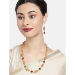 Gold Plated Traditional Ruby Emerald and Golden Beads Long Necklace Set for Women