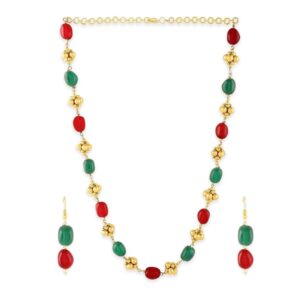Traditional Ruby Green Beads Jaipuri Mala with Earrings for Women