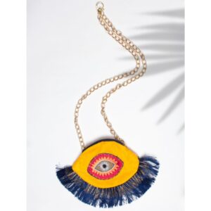 Yellow & Blue Embroidered Fringed Potli Clutch
