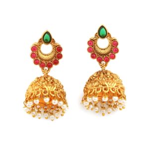 Temple Inspired Ruby Emerald Embellished Goddess Lakshmi Jhumki Earrings with Pearl Drops for Women