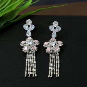 Silver Plated Sparkling Rhinestones Studded Floral Design Dangler Earrings for Women