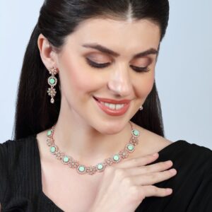 Rose Gold Plated Rhinestones Studded Mint Green Necklace Set for Women