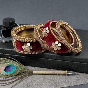 Rajwadi Style Fabric and Mirror Embellished Maroon Kada/ Bangles Set of 6 for Women