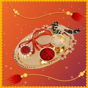 ACCESSHER Traditional Pink Enamel Rhinestone Kundan Rakhi for Brother Pack of 1 with Roli Kumkum Packets and Happy Rakshabandhan Card | Latest Rakhi for Brother