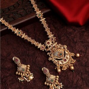 Intricatrly Carved and Semi Precious Stones Embellished Statement Necklace Set with Dangle Earrings