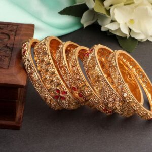 ACCESSHER Matte Gold Plated Ethnic Inspired  Semi Pecious Stones Embedded Floral Design Rajwadi Style Statement Kada/Bangles Pack of 6 for Women and Girls