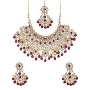 ACCESSHER Gold Plated Traditional Kundan and Ruby Stones Embellished Statement Bridal Necklace Jewellery Set with Pair of Earrings and Maang Tika for Women