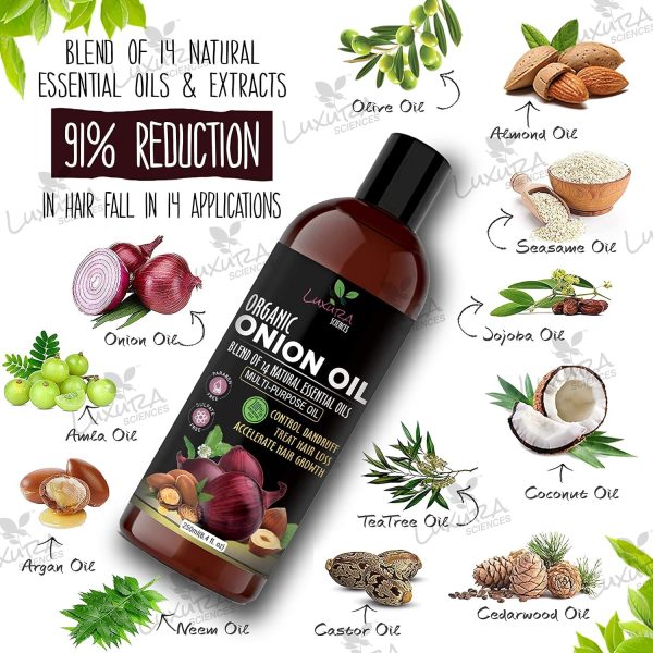 Luxura Sciences 250 ML Onion Hair Oil with 14 Essential Oils, Multi-Purpose Hair Oil/Serum with Argan, Bhringraj, Hibiscus, Sesame,Amla,Sweet Almond, Olive - Image 2