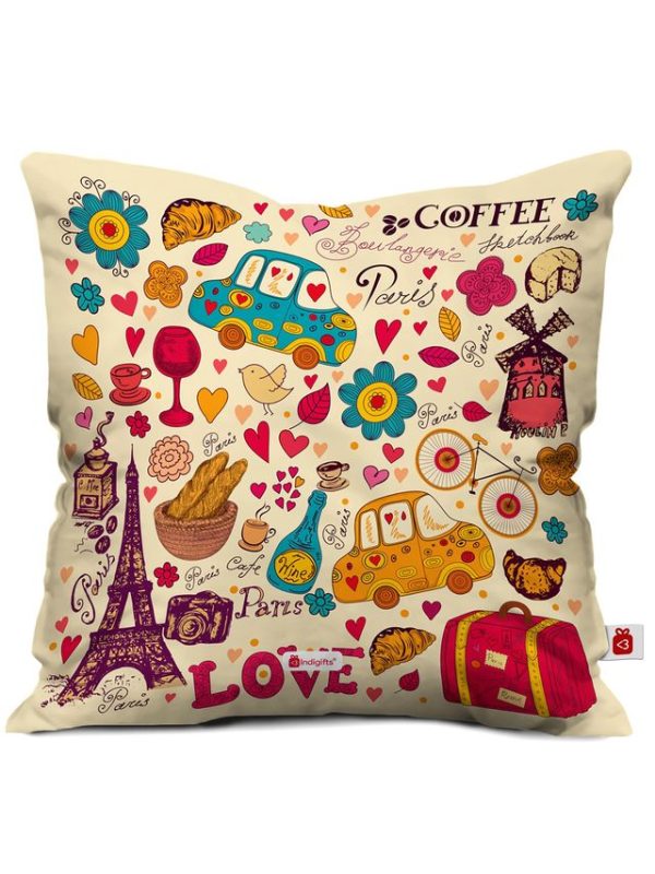 Indigifts Printed Cushion Cover with Filler | Paris Theme Print | Polysatin | 12x12 Inches | Comfortable Multicolor Cushions Soft Decorative Pillows | Unique Quirky Gifts | Valentine Gifts - Image 2