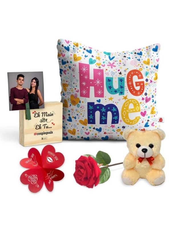 Indigifts Valentine Couple Gifts Box Satin Cushion Cover with Filler, Artificial Rose, Wooden Photo Stand, Card, Teddy Combo Pack (12x12) - Image 2
