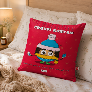 Indigifts Pink Satin "Chhupi Rustam" Printed Cushion Cover with Filler (12*12 Inch)