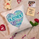Indigifts Valentine Special Gifts Satin Valentine Love Gifts for Girlfriend Cushion Cover with Filler, Wooden Photo Stand, Teddy, Artificial Rose, Card-for Husband, Wife, Boyfriend, Birthday (12)