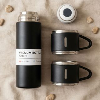 Swarg Kitchen Black Stainless Steel Vacuum Flask Set with 3 Steel Cups - Travel Friendly Hot & Cold Beverage Bottle Combo