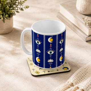 Indigifts Evil Eye Printed Coffee Mug & Coaster Gift Set - Ceramic Mug with Office Table Coaster (325 ML)