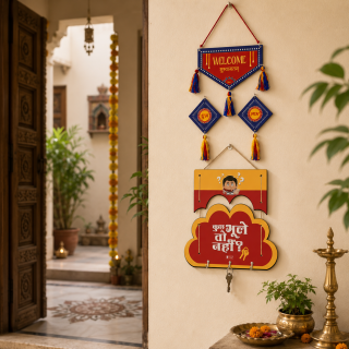 Indigift Cloud Design Wooden Shubh Labh Wall & Door Hanging for Home - Decorative Gift Hamper Set