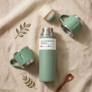 Swarg Kitchen Green Stainless Steel Vacuum Flask Set with 3 Steel Cups - Travel Friendly Hot & Cold Beverage Bottle Combo